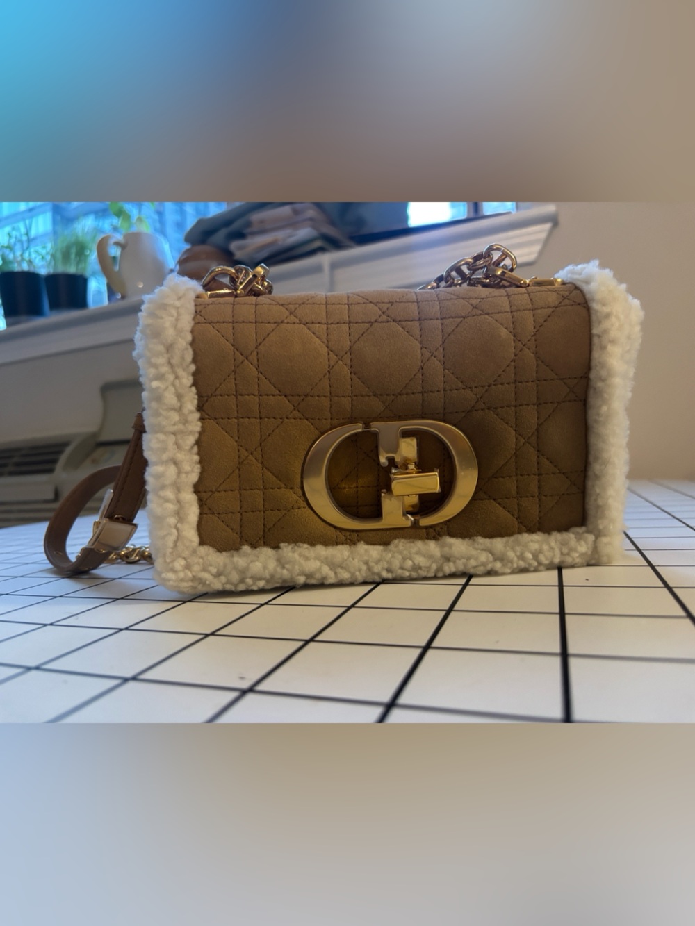 Dior Tan Quilted Crossbody with White Shearling Trim